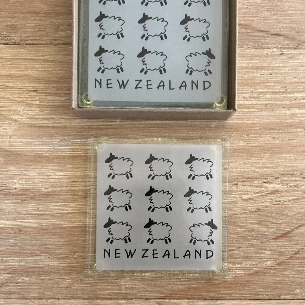 Set of 4 Glass Coasters Frosted Glass Sheep Made in New Zealand 3.5” x 3.5